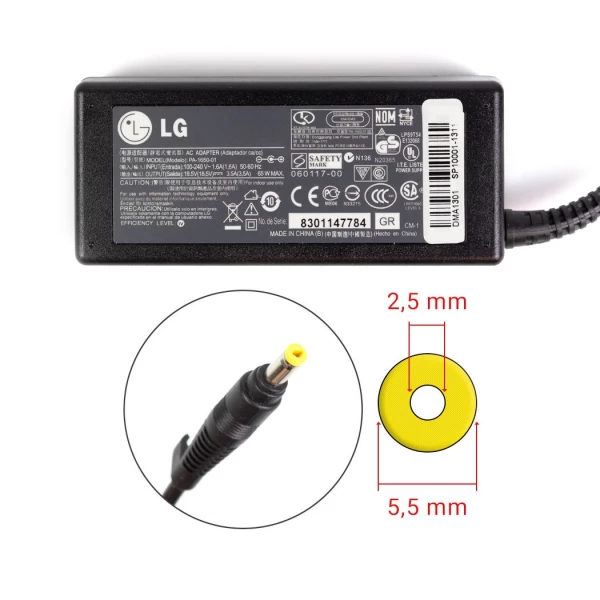 LG 65W strømforsyning 18.5V 3.5A med 4.5mm x 3.0mm stik - Original DK levering LG 65W 18.5V 3.5A strømforsyning med 4.5mm x 3.0mm stik - Original