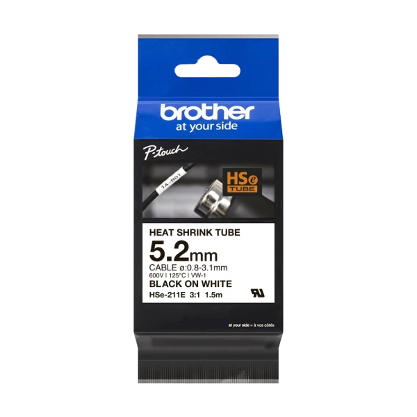 Brother original HSe-211E - 5,2 mm krympeflextape i sort p&aring; hvid