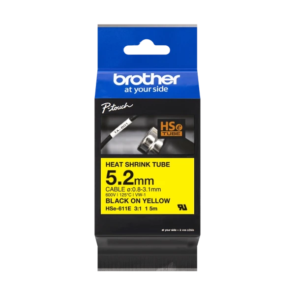 Brother original HSe-611E - 5,2 mm krympeflextape i sort p&aring; gul